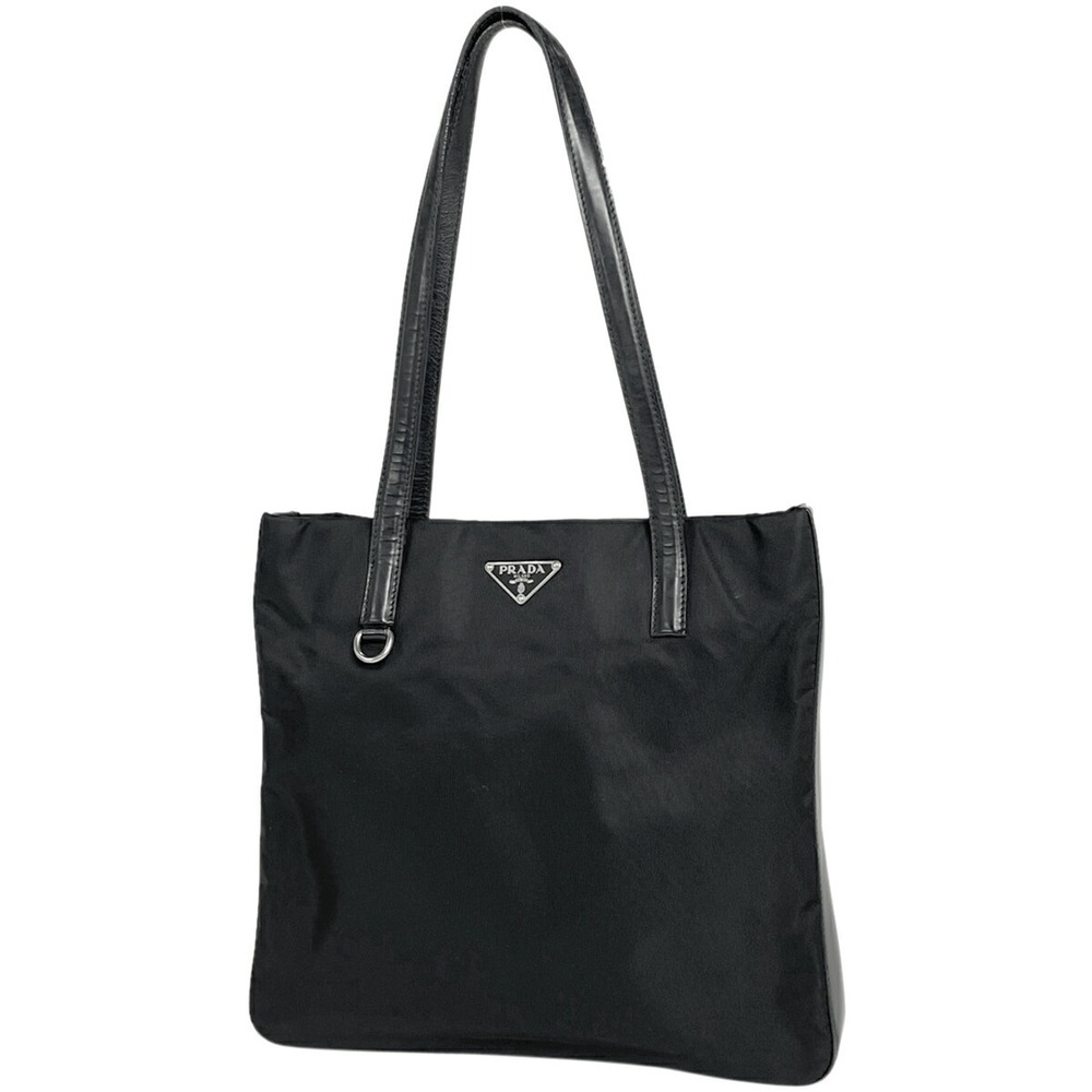 Prada Logo Plate Tote Bag Shoulder Black